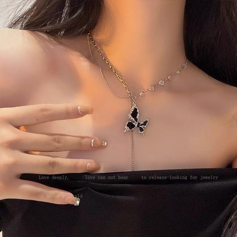 Black butterfly zircon necklace women's new neutral cold wind neck chain collarbone chain sweater chain with accessories