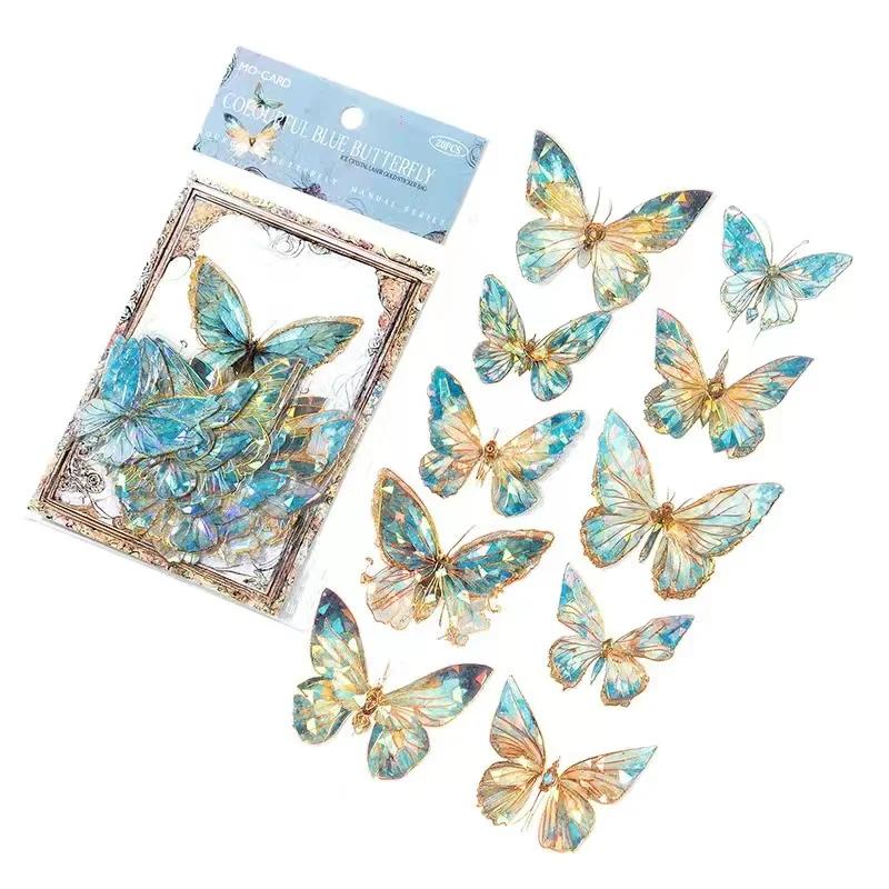 3D Holographic Butterfly Stickers 20PCS Ice Crystals Shiny Butterflies PET Stickers Retro DIY Handbook Scrapbooking Label Diary