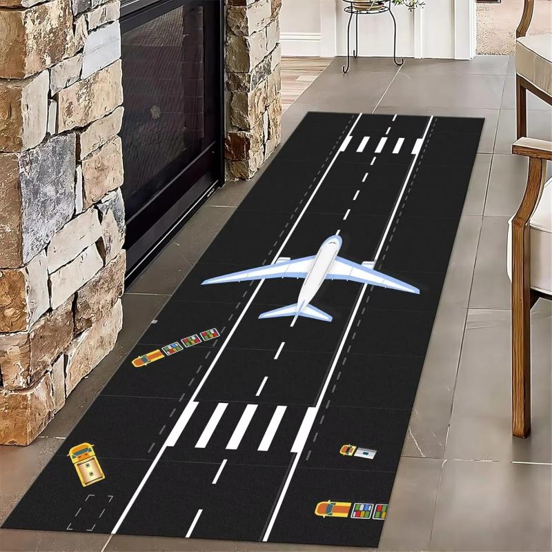 Airplane Runway Aviation Themed Long Runner Rug Kids Traffic Game Play Mat Non Slip Hallway Bedroom Household Floor Carpe