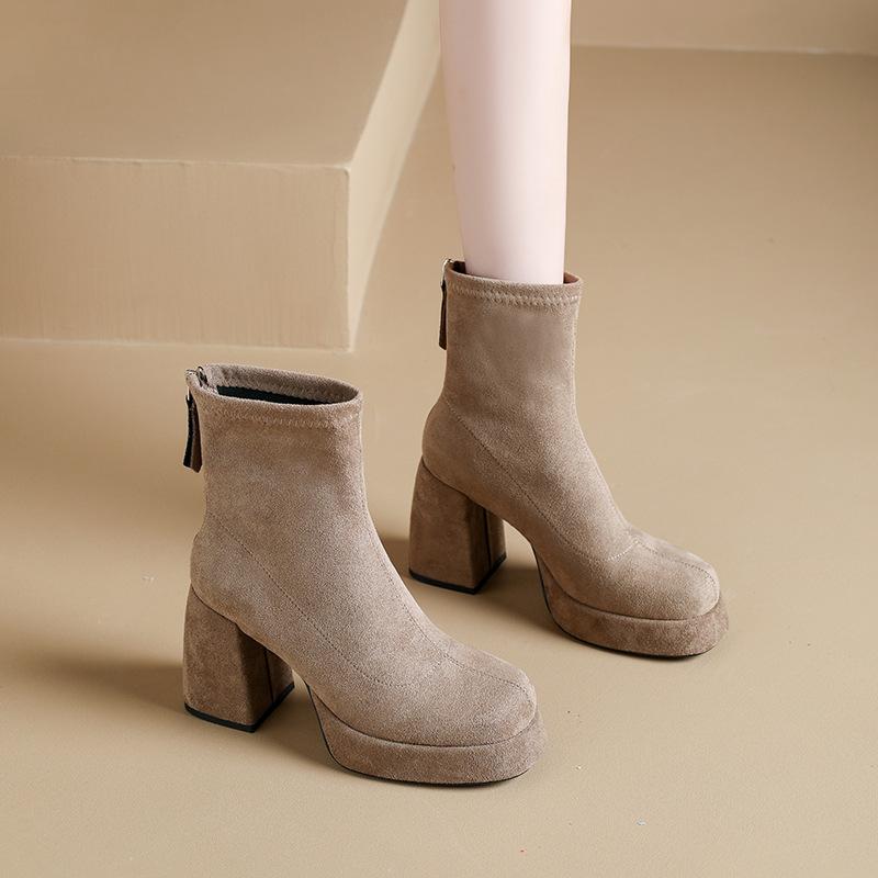 Fleece Thin Boots Women's Short Boots New Round Head Thick Heel Suede Elastic Socks Boots Waterproof Table Warm and Ankle Boots