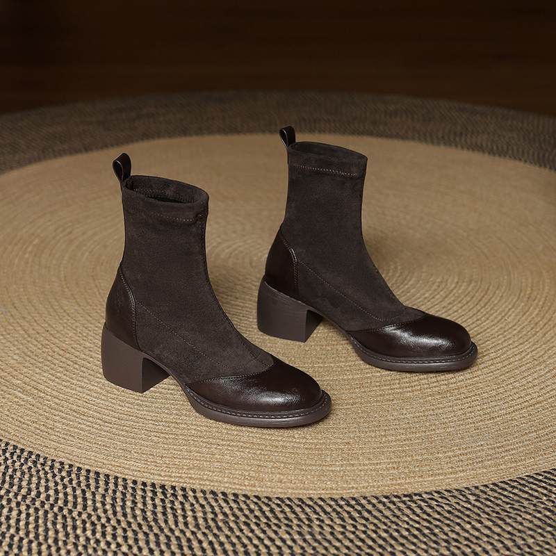 Krazing Po Microfiber Flock Winter Round Toe Size 33 Chelsea Boots Size 43 Zipper Thick High Heels Elastic Ankle Boots