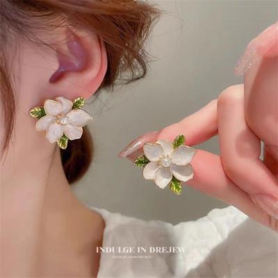 Eleganti orecchini a bottone in smalto coreano con perle e fiori, per donne e ragazze, regalo all'ingrosso