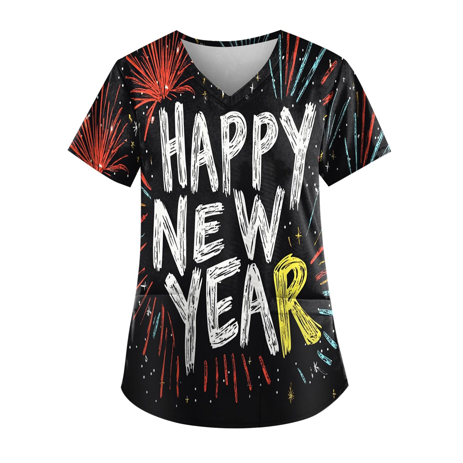 

Женская модная новогодняя футболка с короткими рукавами, V-образным вырезом и маленьким карманом XXXXL чёрный