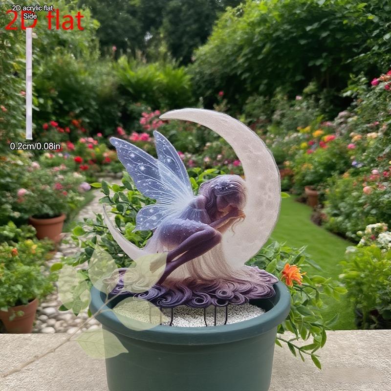 2D Flat Acrylic Moon Fairy Garden Stake Wooden Sign, Outdoor Gardens and Potted Landscapes Signs, Suitable for Wall Decoration, Porch, Room, Villa, Ac