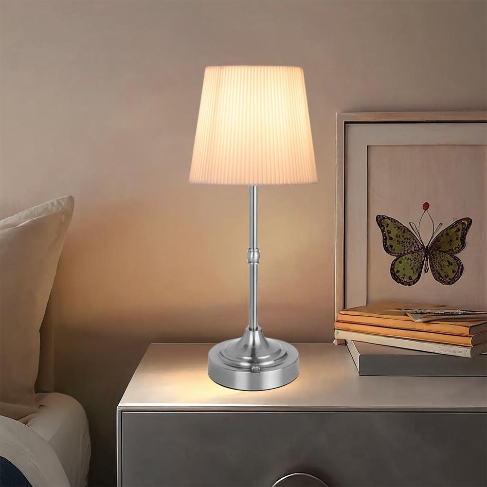 Cordless LED Metal Table Lamp USB Rechargeable Touch Control Portable Fabric Shade Desk Lamp Night Light for Bedroom Bar Balcony