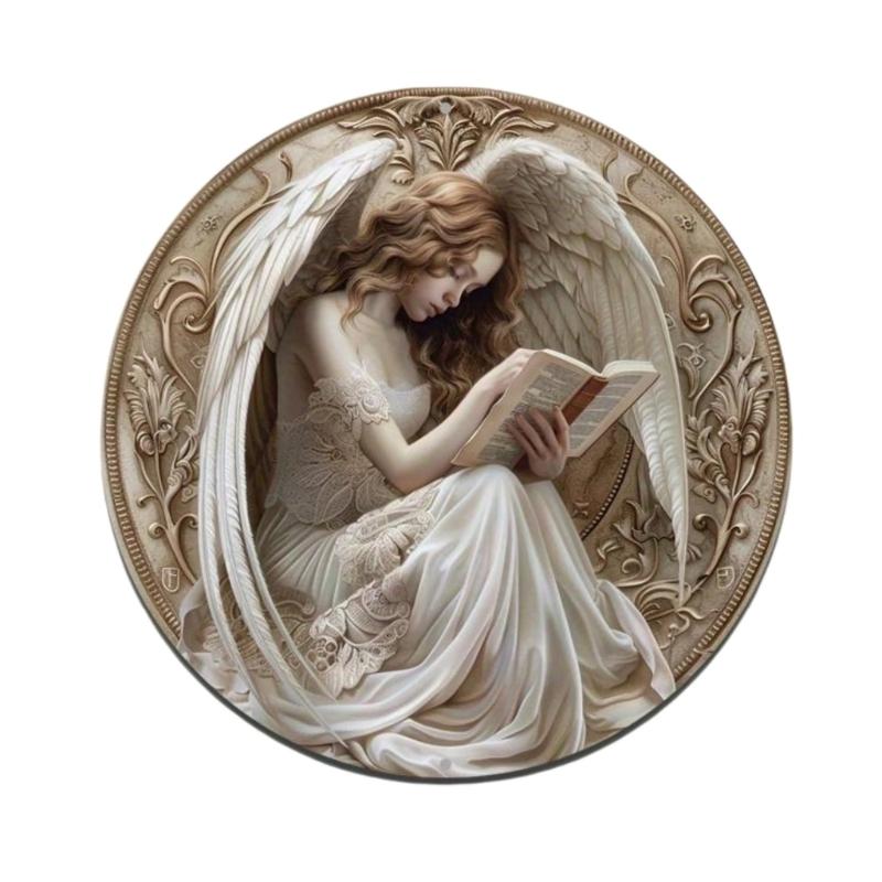 Wooden Angel Reading Book Round Plaque Front Door Hanging Ornament Easy Mount Wall Sign For Home Garden Decoration