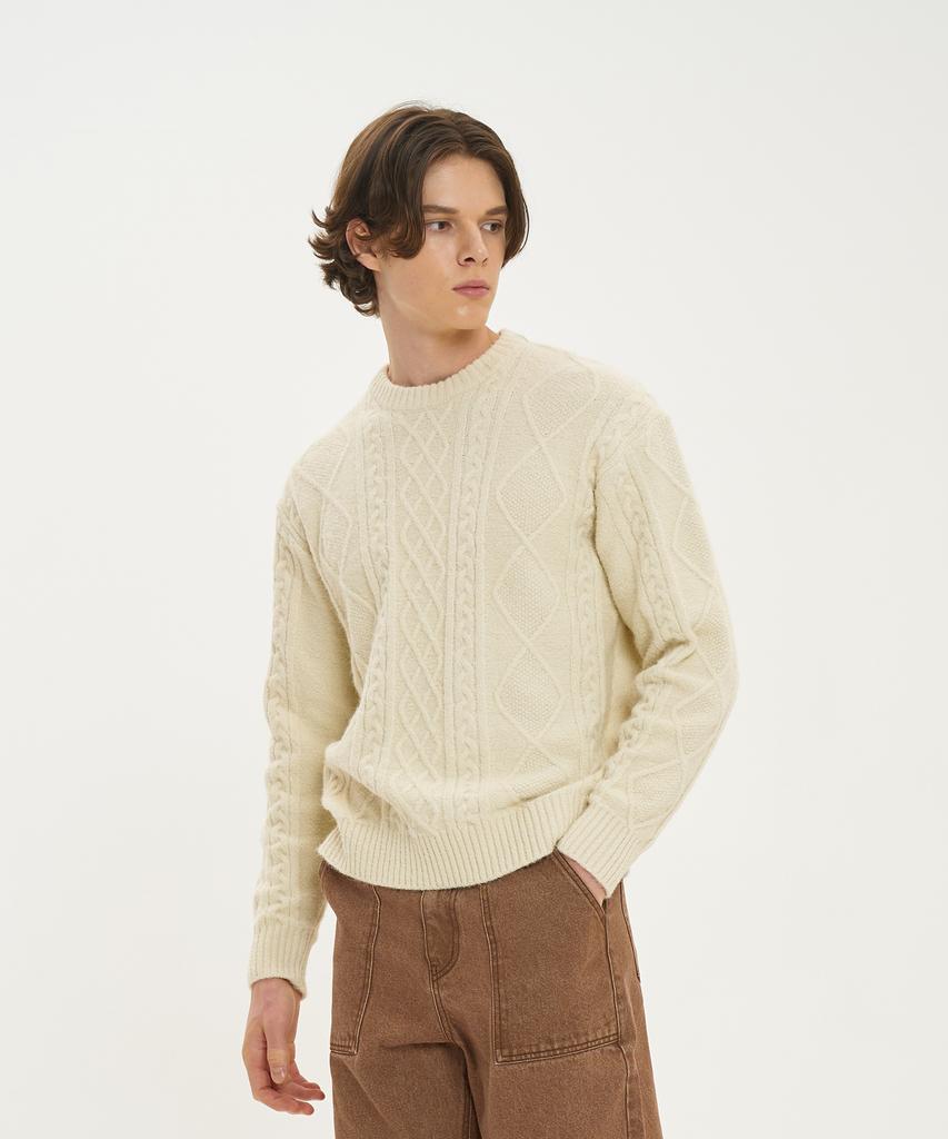 BLOND9 Wool Fisherman Knit Sweater_Cream