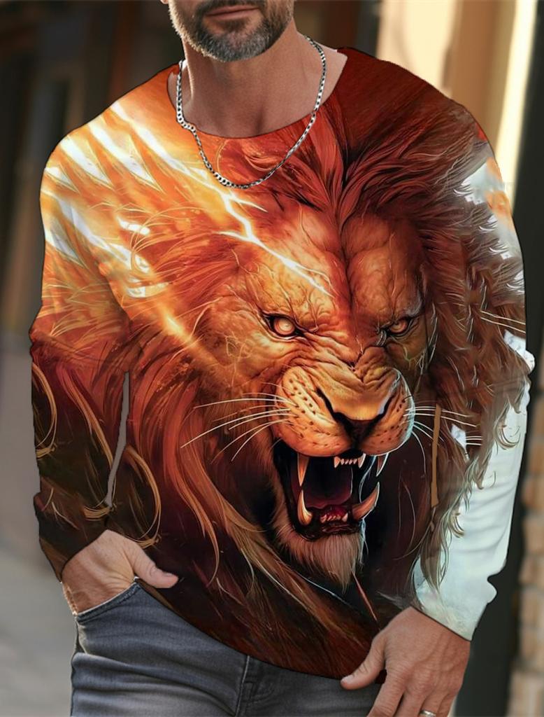 Camiseta de manga larga con estampado de león para hombre, ropa informal para hombre, camisetas de moda con estampado 3D completo de animales, ropa de calle