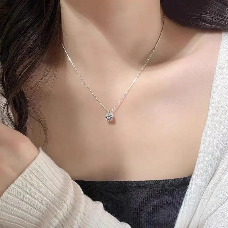 Small Square Diamond Necklace Women's Style Luxury Minimalist Design Clavicle Chain Sweater Chain Pendant