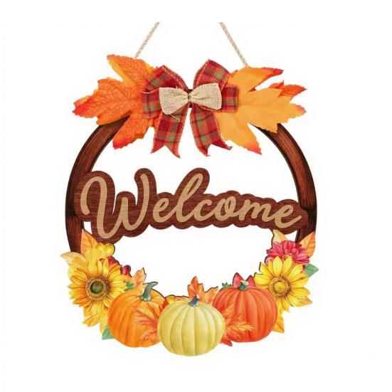 Maple Leaf Pumpkin Ornament Autumn Harvest Wooden Wreath Pendant, Front Door Hanging Ornaments with Hemp Rope, Natural Wood Seasonal Sign Pumpkins