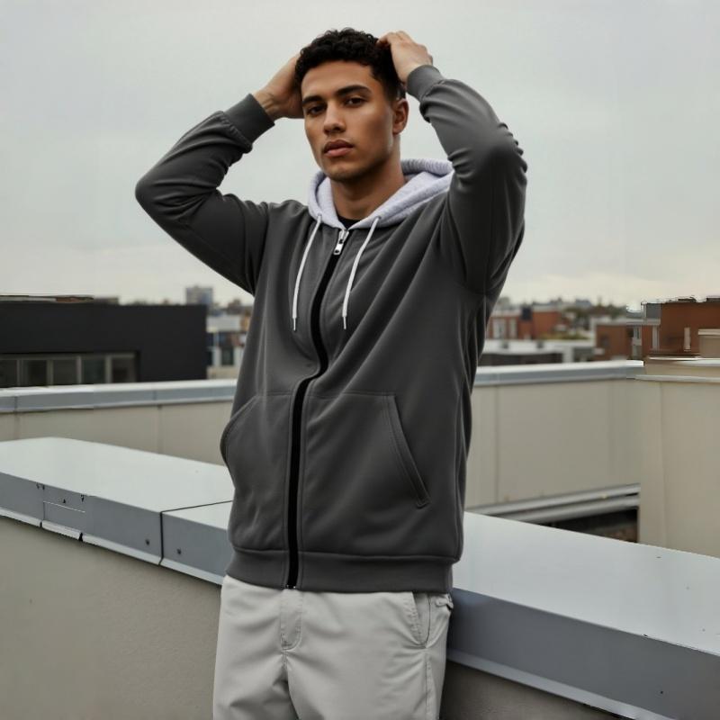 Men's Zip-Up Hoodie Sweatshirt Casual Fleece Jacket with Drawstring Hood Front Pockets Comfortable Streetwear for Autumn & Winter