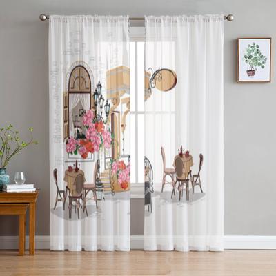 Rideau transparent avec vue sur la ville et les fleurs du café de rue pour le salon, rideaux de fenêtre en tulle et voile modernes pour la chambre à coucher, rideaux de cuisine