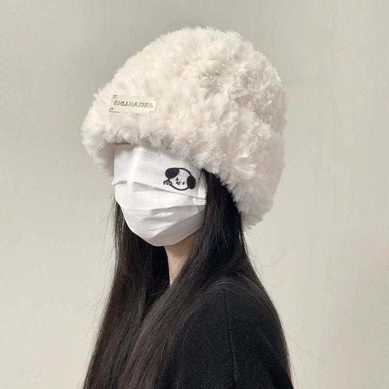 Wool Hat for Autumn and Winter Women's Versatile Knitted Bag Headset Showing Face Small Warm White Plush Cold Hat Big Head Circumference