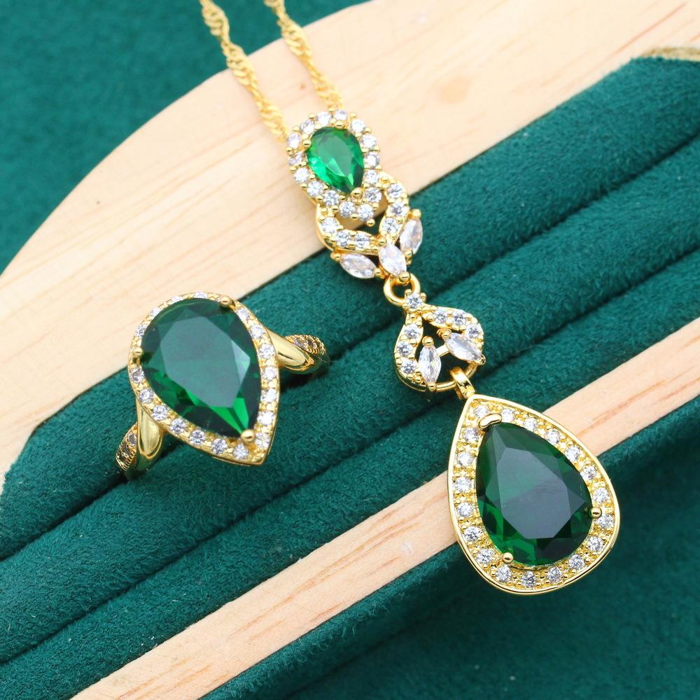 Water Drop AAA Zircon Necklace Earring Ring Gold Jewelry Set Anti Allergy