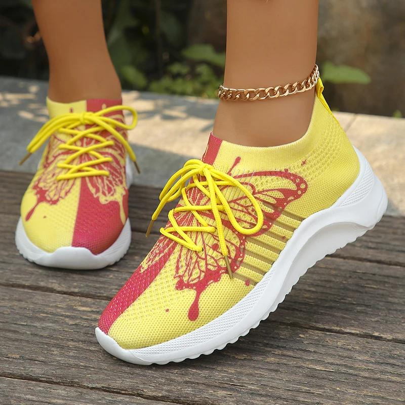 Fashion Fashion Butterfly Print Women's Sports Shoes Summer Mesh Breathable Knitted Sneakers Woman Plus Size Mix Color Platform Sneakers