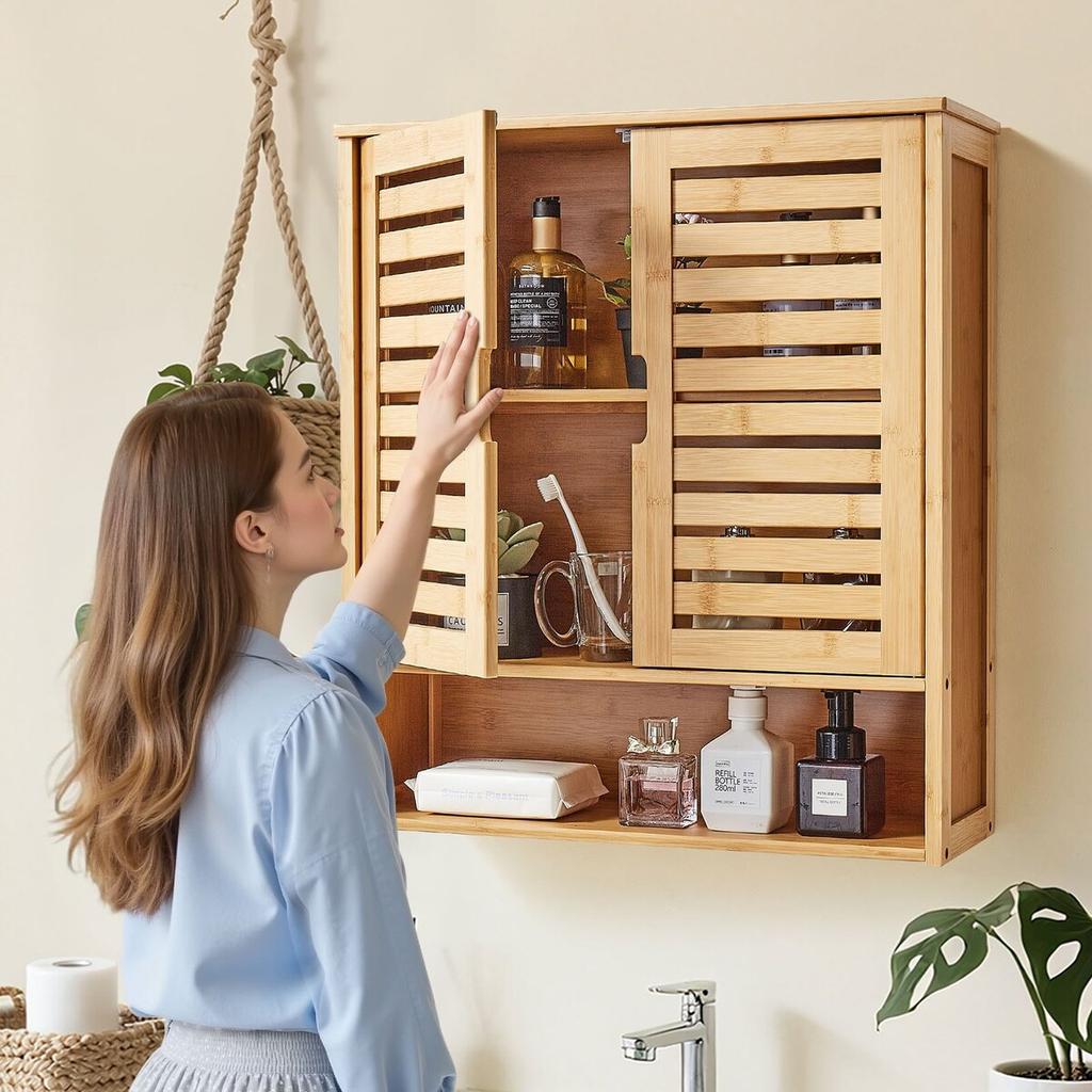 Bathroom Wall Cabinet, 2 Doors and Adjustable Shelf, Over the Toilet Storage Medicine Cabinet Wall Mounted, Hanging Organizer with Shelves and Open