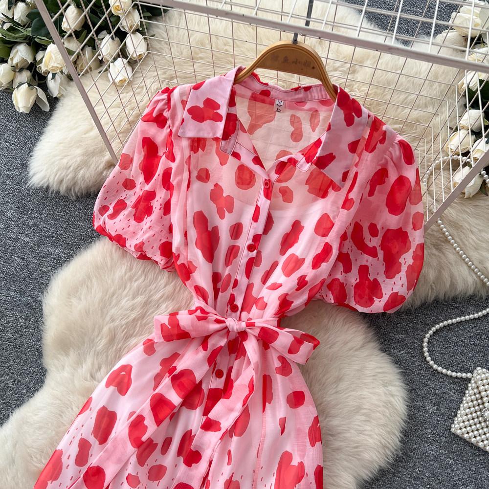 Robe Mi-Longue Imprimé Léopard Style Designer pour Femme Décontractée Coupe Ample avec Manches Bouffantes Liens à Nouer Robe Longue en Mousseline