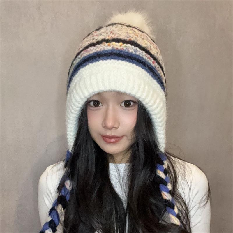 Color Matching Knitted Braided Ear Protection Warm Lei Feng Hat Women's Winter New Big Head Circumference Wool Hat Tide