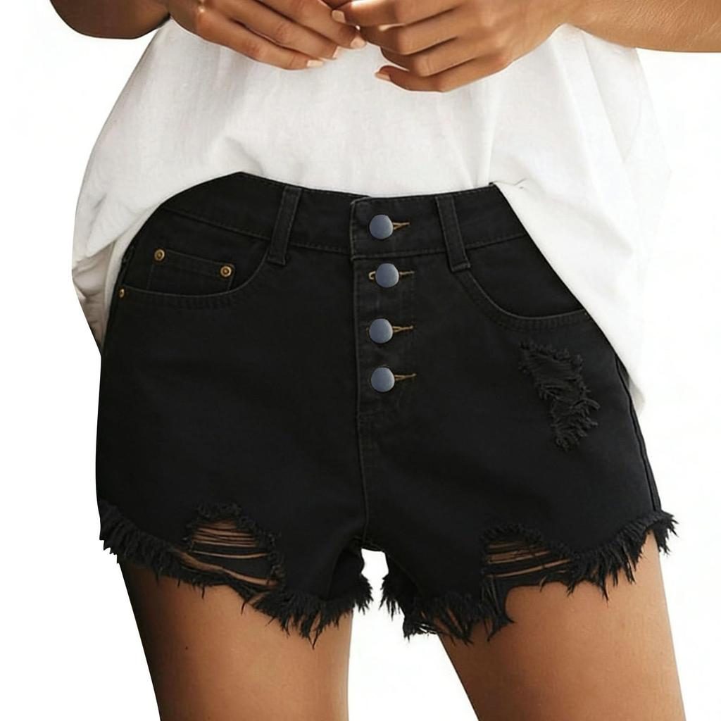 Shorts vaqueros de cintura alta para mujer, rotos, con dobladillo deshilachado, cierre de botón, rasgados, informales, de moda, vaqueros con bolsillos