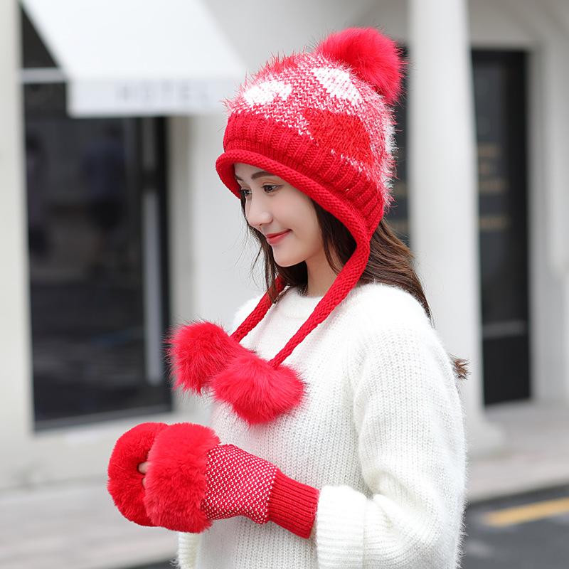 Hat Women's Winter Gloves Two-piece Set Versatile Fashion Knitted Hat Warm Ear Protection Cute Double Ball Wool Hat