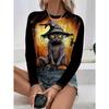 Round Neck 3D Witch Printed Top Casual Long Sleeved Women's T-shirts - Soft Medium Stretch Polyester Fabric Spring and Autumn Relaxed Fit Clothing