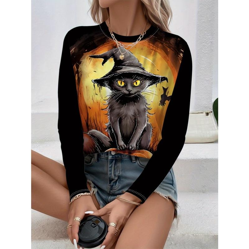 Round Neck 3D Witch Printed Top Casual Long Sleeved Women's T-shirts - Soft Medium Stretch Polyester Fabric Spring and Autumn Relaxed Fit Clothing