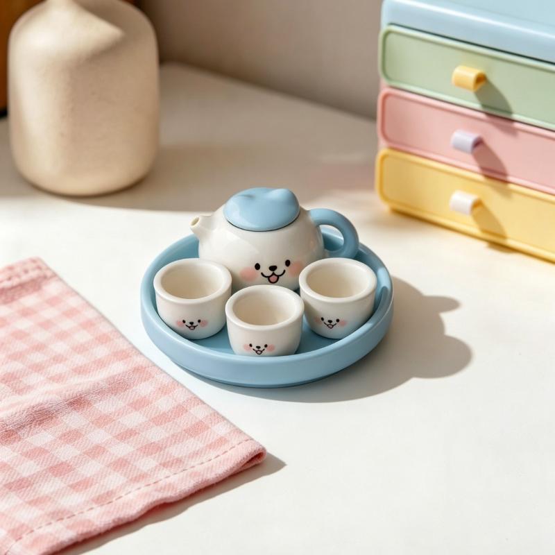 Cute Light Blue Elephant Ceramic Tea Set With 3 Small Cups Serving Tray Perfect For Afternoon Tea Kids Gift Home Decoration