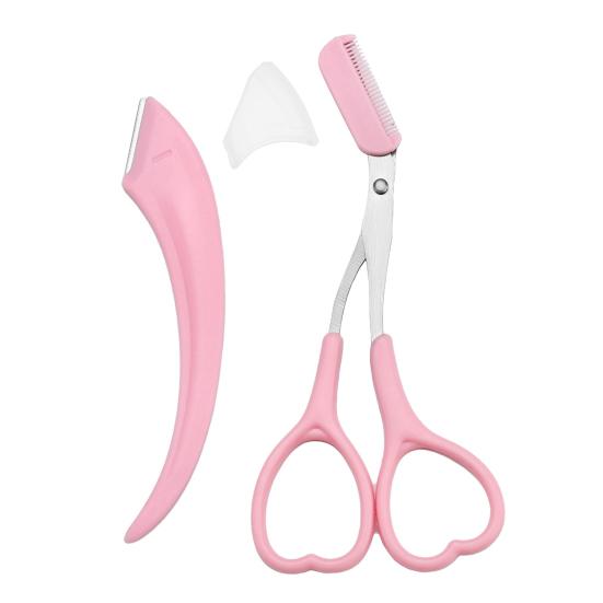 2Pcs Eyebrow Trimmer Scissor Razor Stainless Steel Precision Eyebrow Cutter Scissors with Comb Men Women Brow Hair Removal Grooming 1 Set