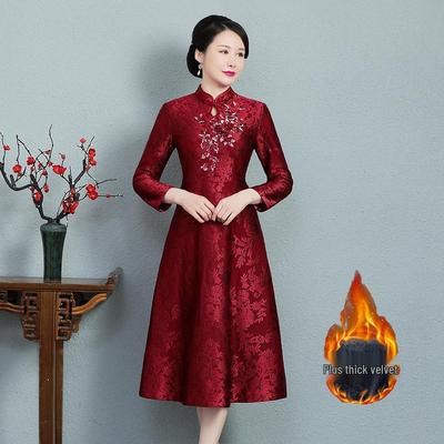 Plus Size Kant Cheongsam: Herfst/Winter Jurk met Lange Mouwen voor Retro Bruiloft of Feestelijke Gelegenheden