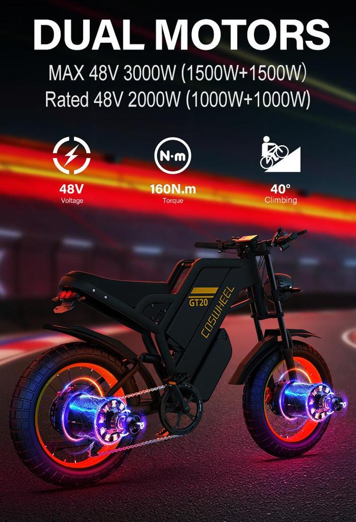 COSWHEEL GT20 Pro Ebike3000W 48V 40AH Electric Motorcycle Max 145 Miles Fat Tire Mountain Electric Bike Adult Off-Road Bicycle