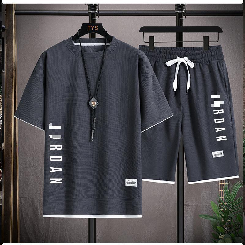 Men's Waffle Knit Short-Sleeve T-Shirt & Shorts Set, Casual Summer Sportswear