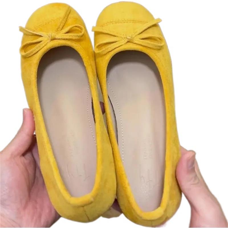 Xiaoxiangfeng Shallow Mouth Single Shoes Women's 2025 Autumn New Bow Flat Beanie Shoes Gentle Yellow Ballet Shoes