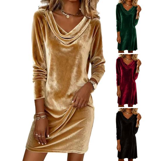 Women's Velvet Dresses Cowl Neck Long Sleeve Party Cocktail Mini Dress Retro Velour Wedding Guest Dress