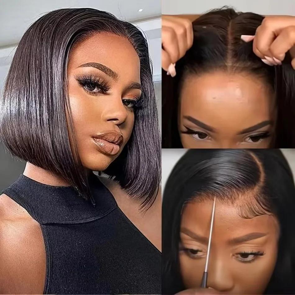 Perucă Bob Dreaptă Ready To Wear Fără Adeziv Păr Uman Peruci 4X4 5X5 Bob Scurt Fără Dantelă HD Frontal Închidere Peruci Negre Pentru Femei