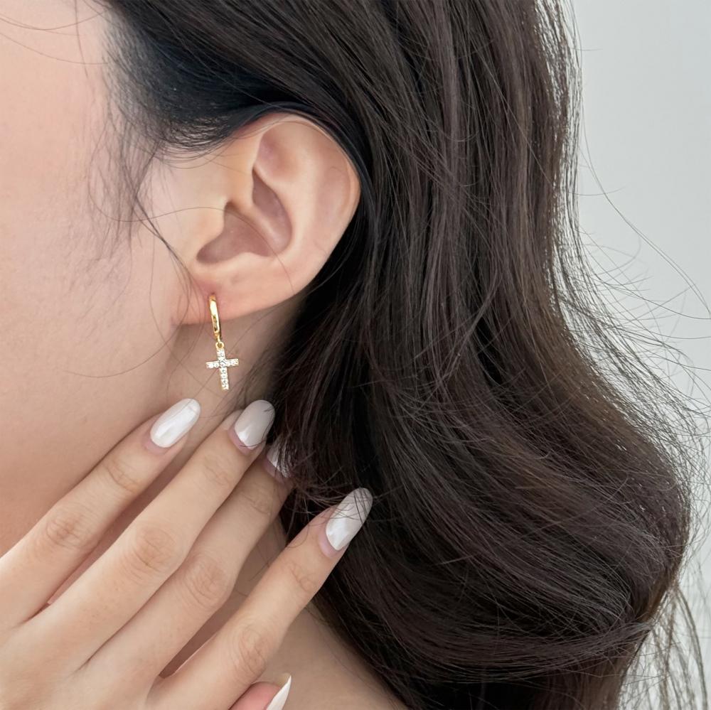Dylam Jewelry Dainty S925 Silver 5A Cubic Zirconia Tiny Religious Cross Pendant Hoop Earrings for Women Daily Wear Jewel
