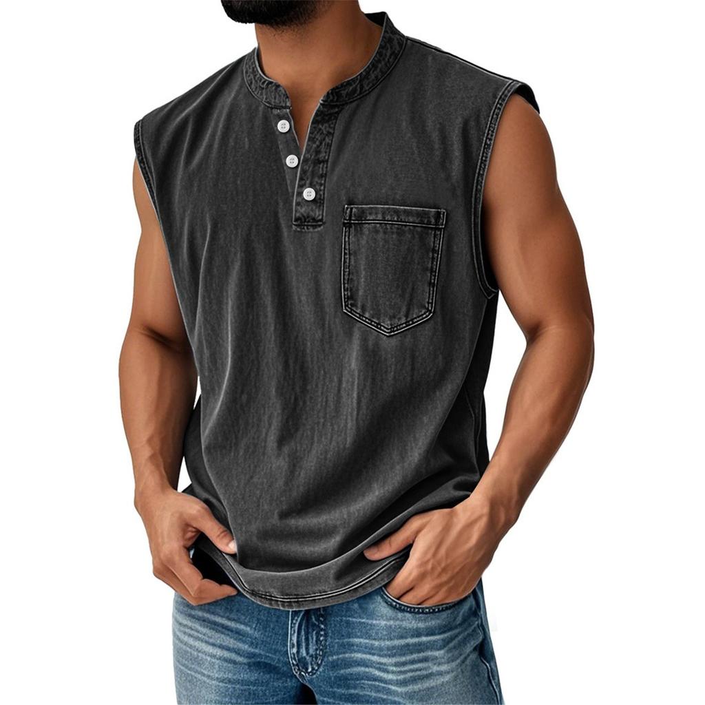 Men's Summer Solid Color Pocket Sports Buttons Vest Men's Sports Casual Vest