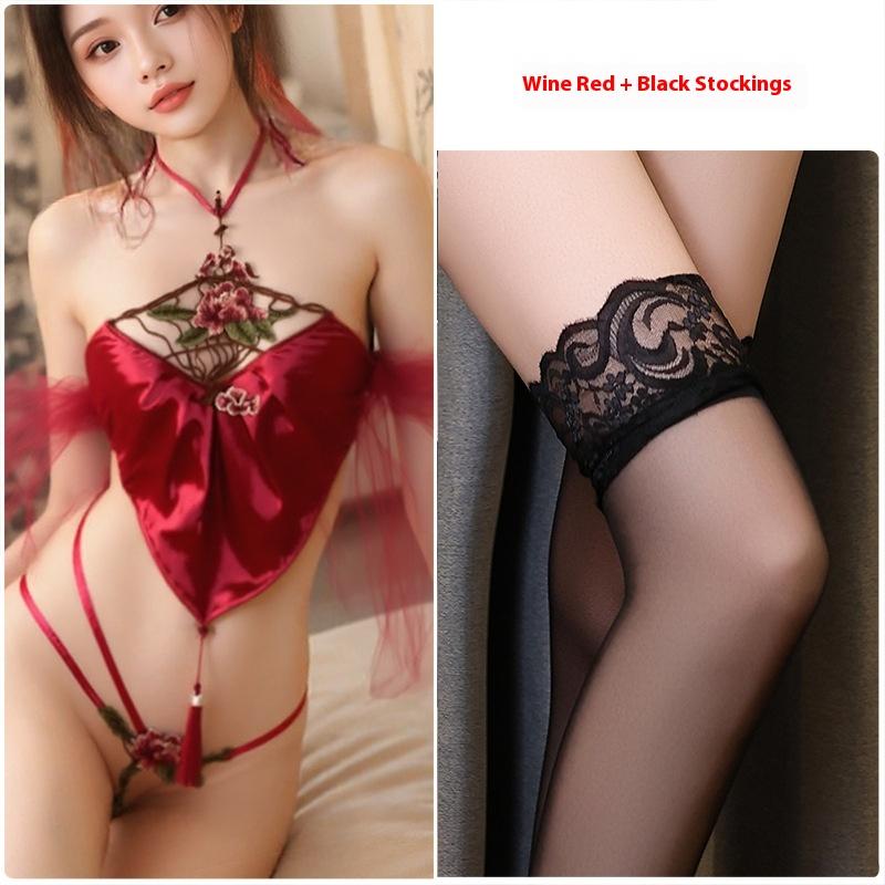 Sexy Underwear Neck Strap Adult Belly Pocket Pajamas Embroidery Pure Lust Seduction Flirting Mature Young Woman Bed Tease