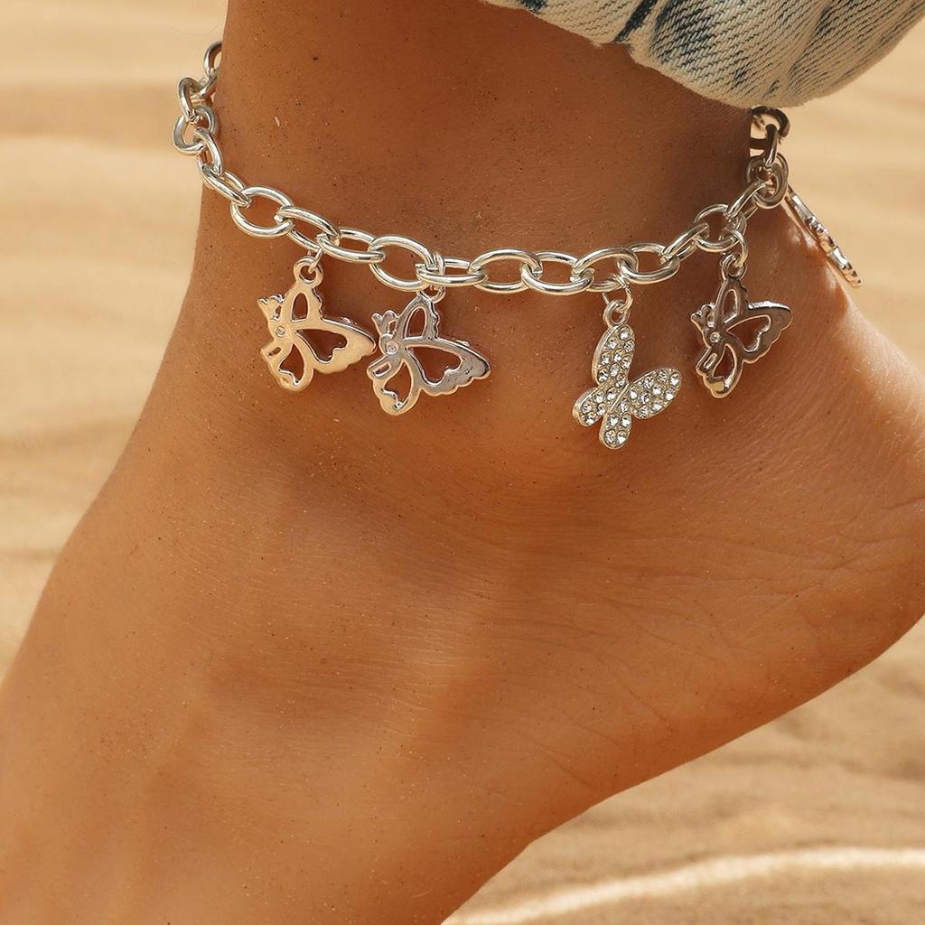 European & American Retro Letter Butterfly Pendant Multi-Layer Beach Anklet Set