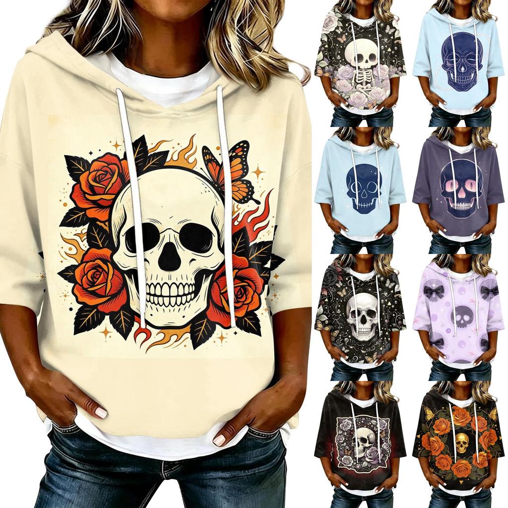 Women's Halloween Print Hooded Top, Loose Fit Casual 3/4 Sleeve Pullover Shirt