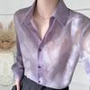 Women Shirt Lapel Long Sleeve See-through Flower Pattern Shirt Tops Single Breasted Thin Sun Protection Casual Shirt