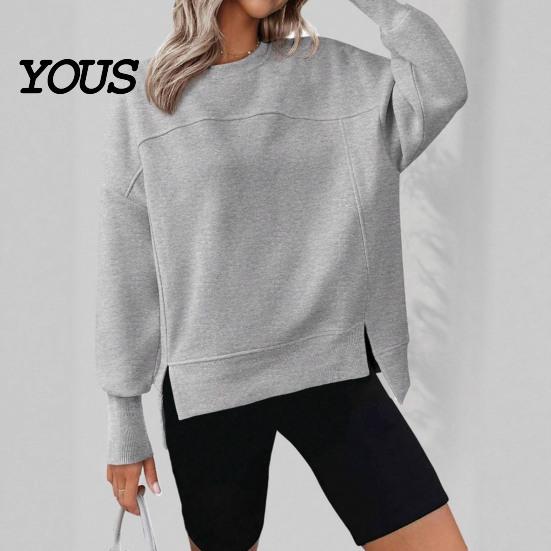 Drop Shoulder Long Sleeve Shirts Women Crew Neck Sweatshirt, Pullover, Loose Top Fit Casual Fall Winter with Side Slit Sweatshirt
