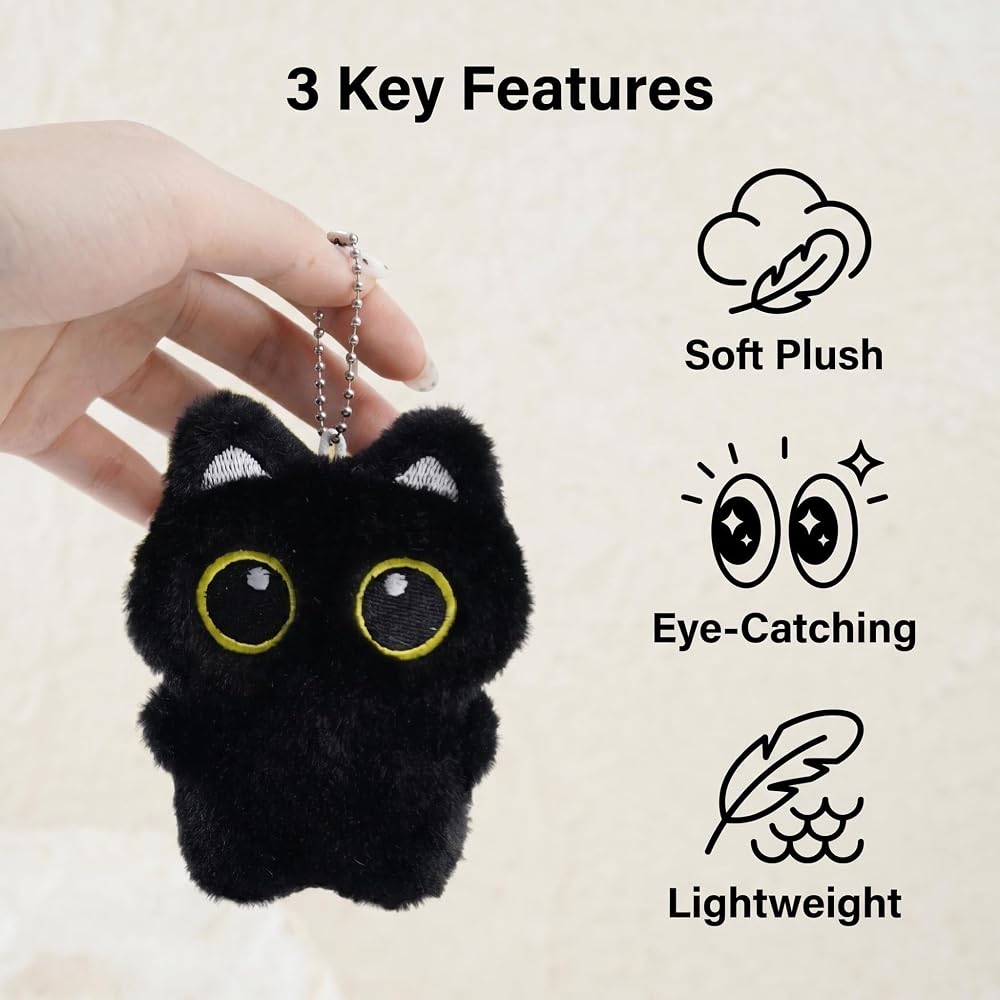HUIJUFU Black Fluffy Cat Keychain with Heart-Shaped Carabiner