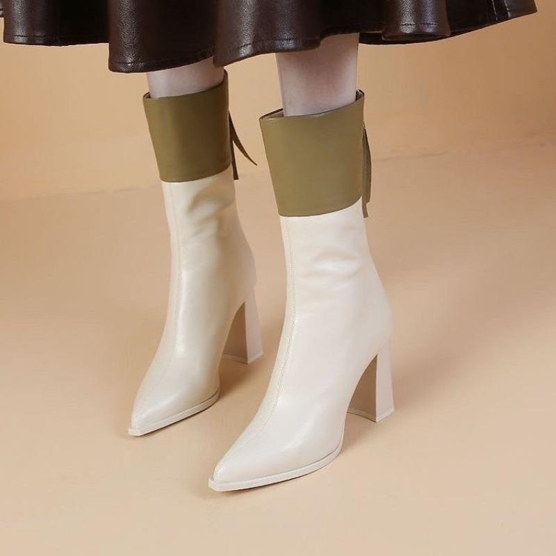 Fashion Color Blocking Pointed Toe Women's Half High Boots Elegant Heeled Leather Ladies Mid Calf Shoes Autumn Winter 2025 New Chic Boot