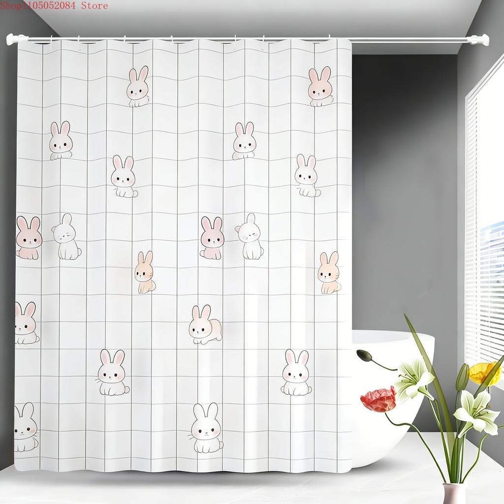 Cute Cartoon Puppies & Kittens Shower Curtain - Waterproof Polyester with Hearts & Yarn Balls On White Grid