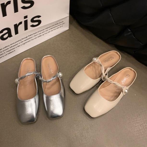 Flat-bottomed Temperament Bag Head Half Slippers Women's Shoes Outer Wear 2025 New Spring and Summer French Mary Jane Half Tray