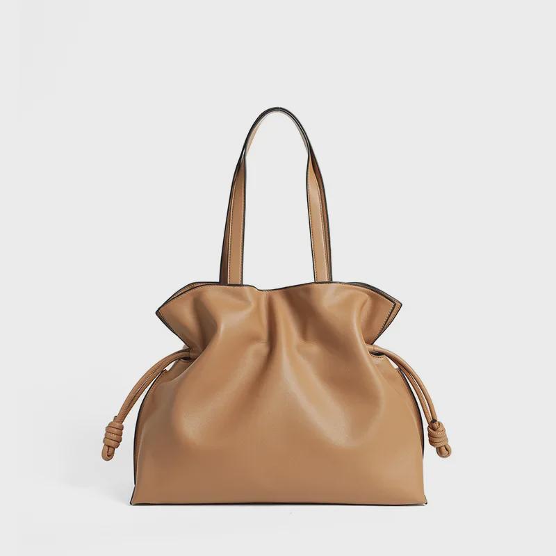 Women's Genuine Leather Pleated Bucket Bag - Autumn/Winter Shoulder Tote