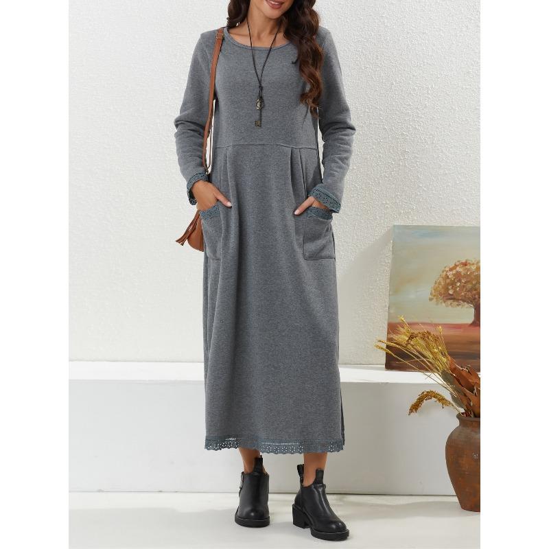 BITCED Fashion Autumn Winter Solid Color Print O-Neck Long Sleeve Casual Dresses S