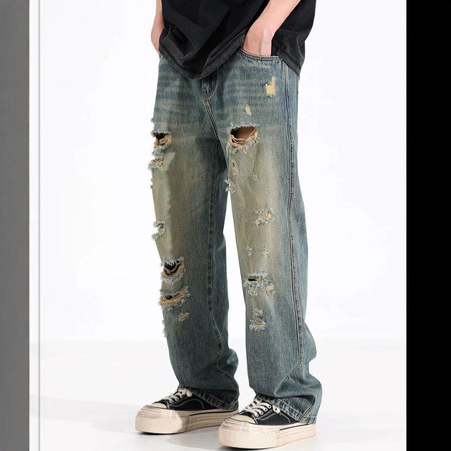 American summer ripped jeans men's new loose straight men's wide-leg jeans