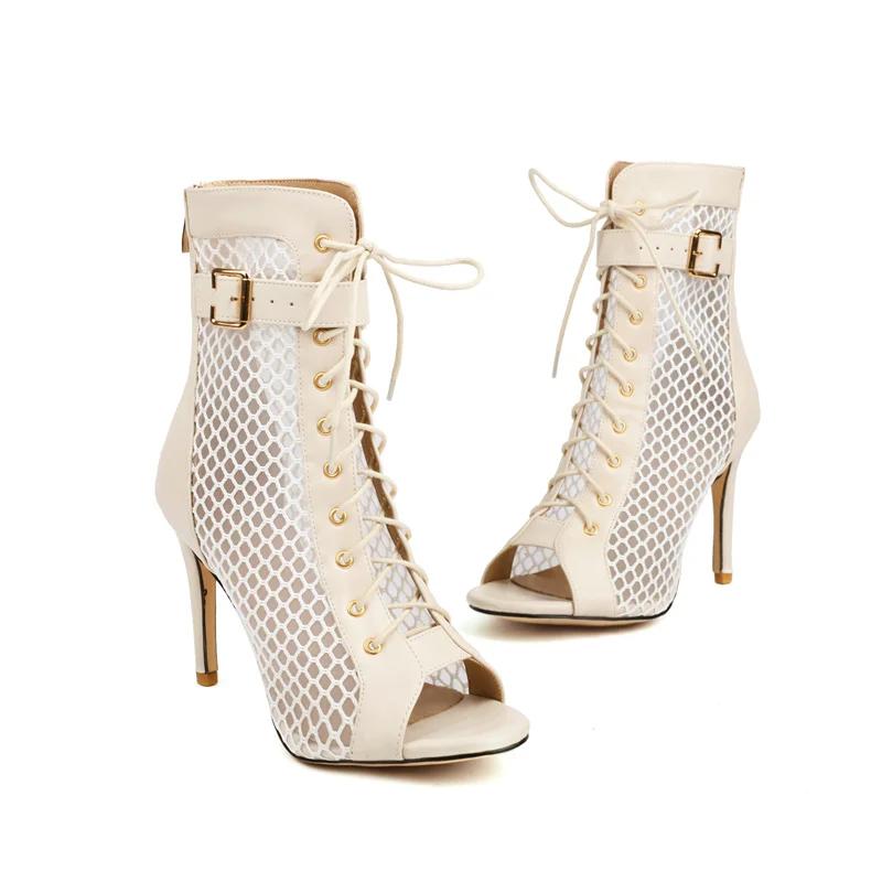 

2026 Summer Sexy Stilettos High Thin Heels Boots Ladies Air Mesh Fish Mouth Party Women s Shoes Ballroom Plus Size 34-45 34 бежевый