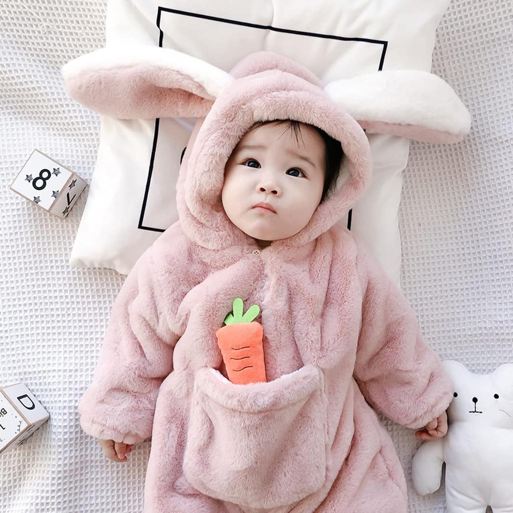 Famuka Winter Rabbit Baby Hooded Romper Fluffy Kigurumi Costume for Baby Shower Boys and Girls 100th Day Celebration Gift Coverall, Jumpsuit,